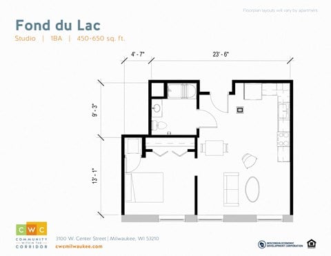Floor plan for studio, 1 bath, 620 sqft